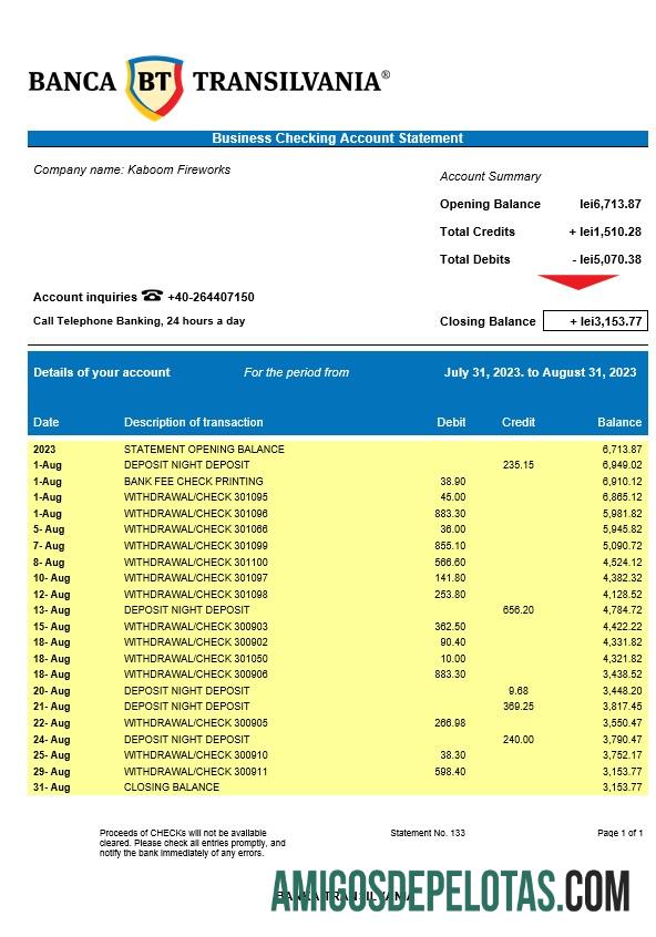 Baixável Banca Transilvania Extrato de conta da empresa modelo Word e PDF